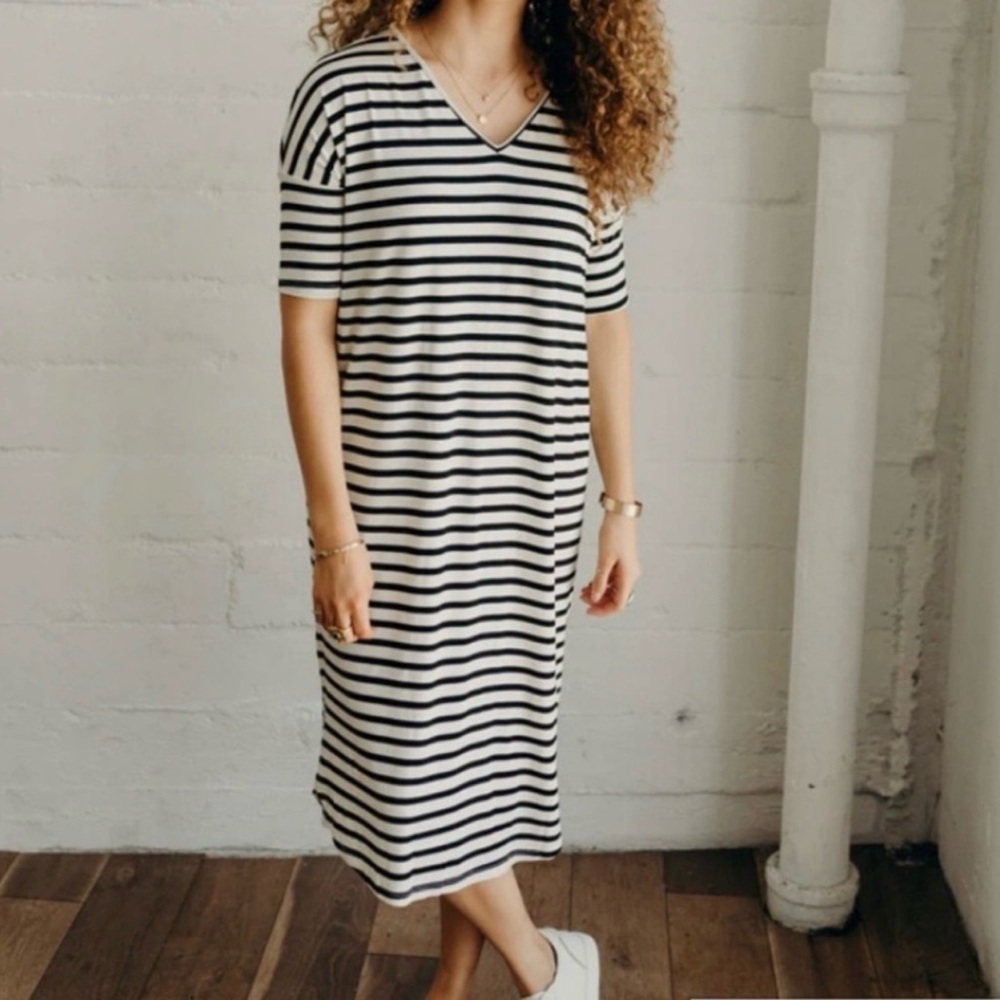 Carly Jean Los Angeles Charcoal/White Striped Midi Dress